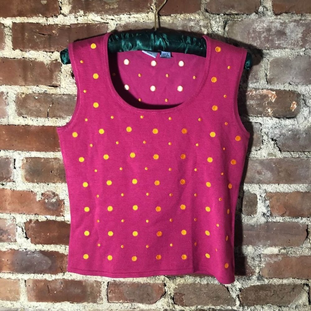Vintage 1990s/Y2K Hot Pink Knit Tank w Orange Polka Dot Petites M